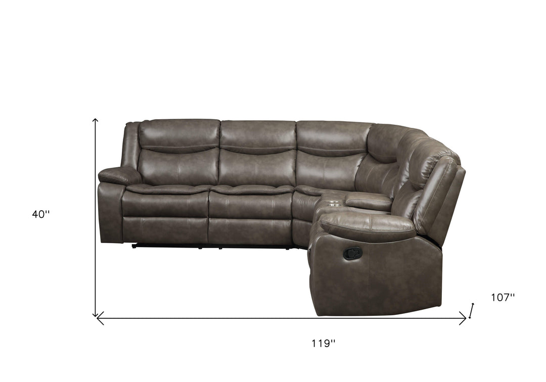 Taupe Faux Leather Reclining L Shaped Six Piece Corner Sectional With Console