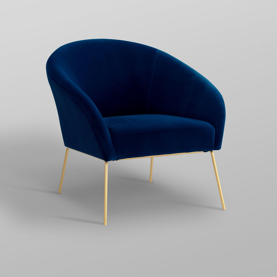 31" Navy Blue And Gold Velvet Barrel Chair