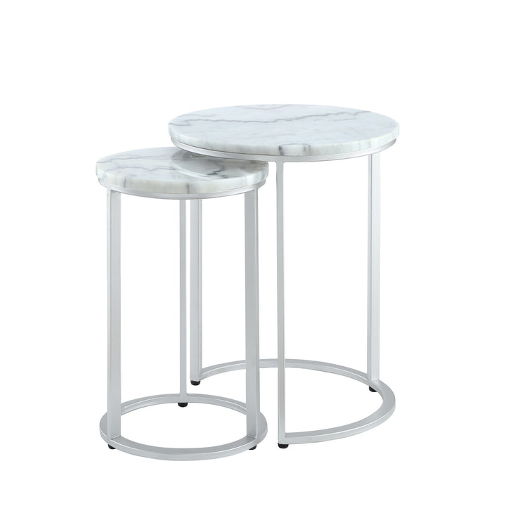 Set of Two 22" Silver and White Marble Round Nested Tables