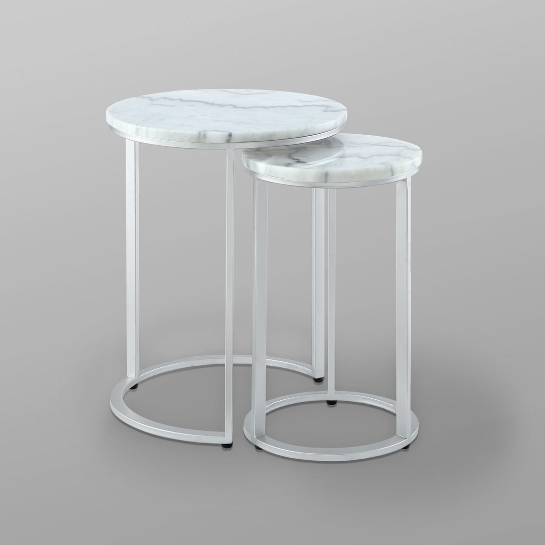 Set of Two 22" Silver and White Marble Round Nested Tables