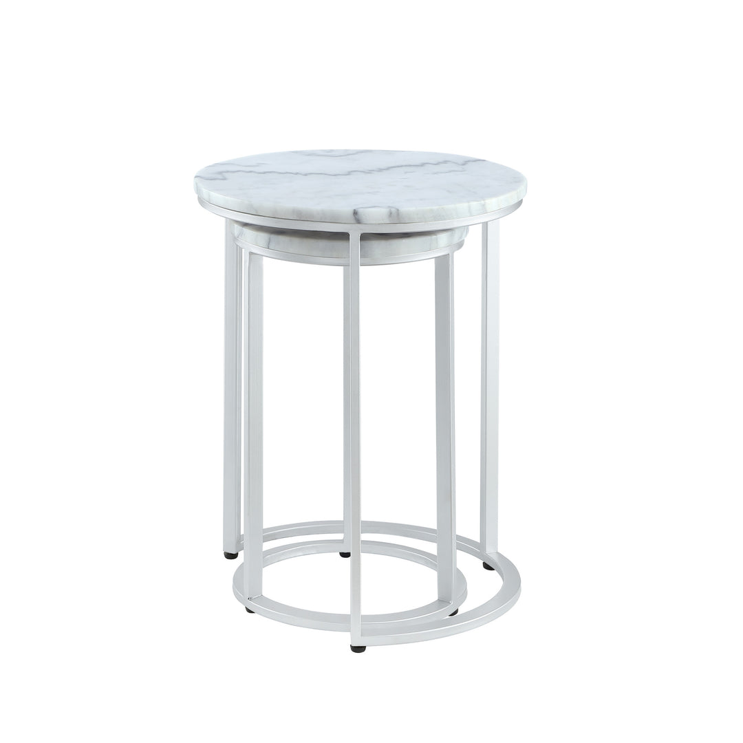 Set of Two 22" Silver and White Marble Round Nested Tables