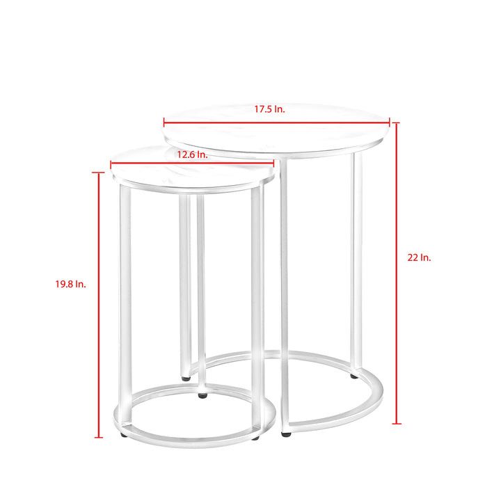 Set of Two 22" Silver and White Marble Round Nested Tables