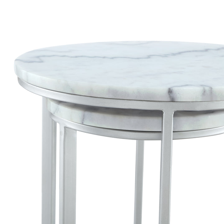 Set of Two 22" Silver and White Marble Round Nested Tables