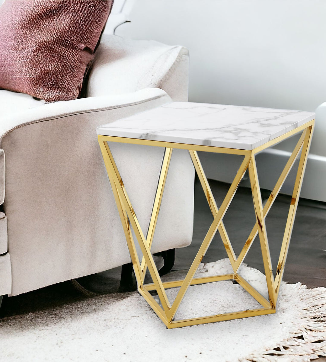 22" Gold and White Stone End Table