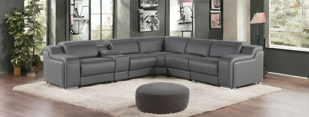 Gray Italian Leather Power Reclining Curved Six Piece Corner Sectional With Console