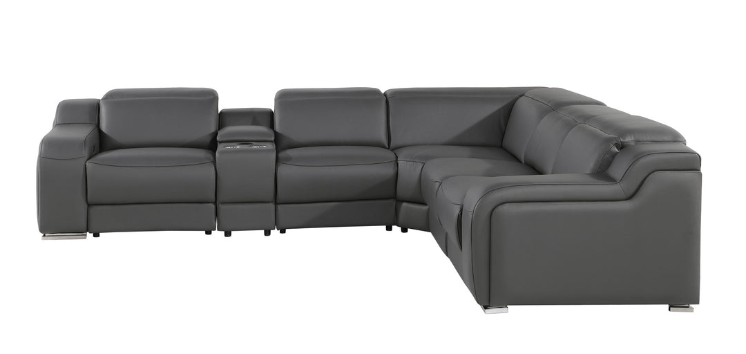 Gray Italian Leather Power Reclining Curved Six Piece Corner Sectional With Console