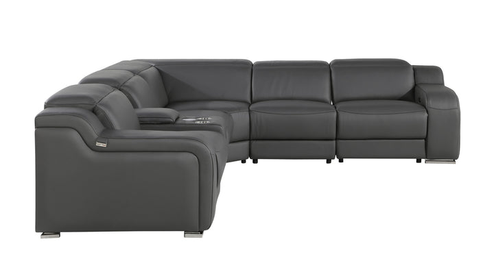 Gray Italian Leather Power Reclining Curved Six Piece Corner Sectional With Console