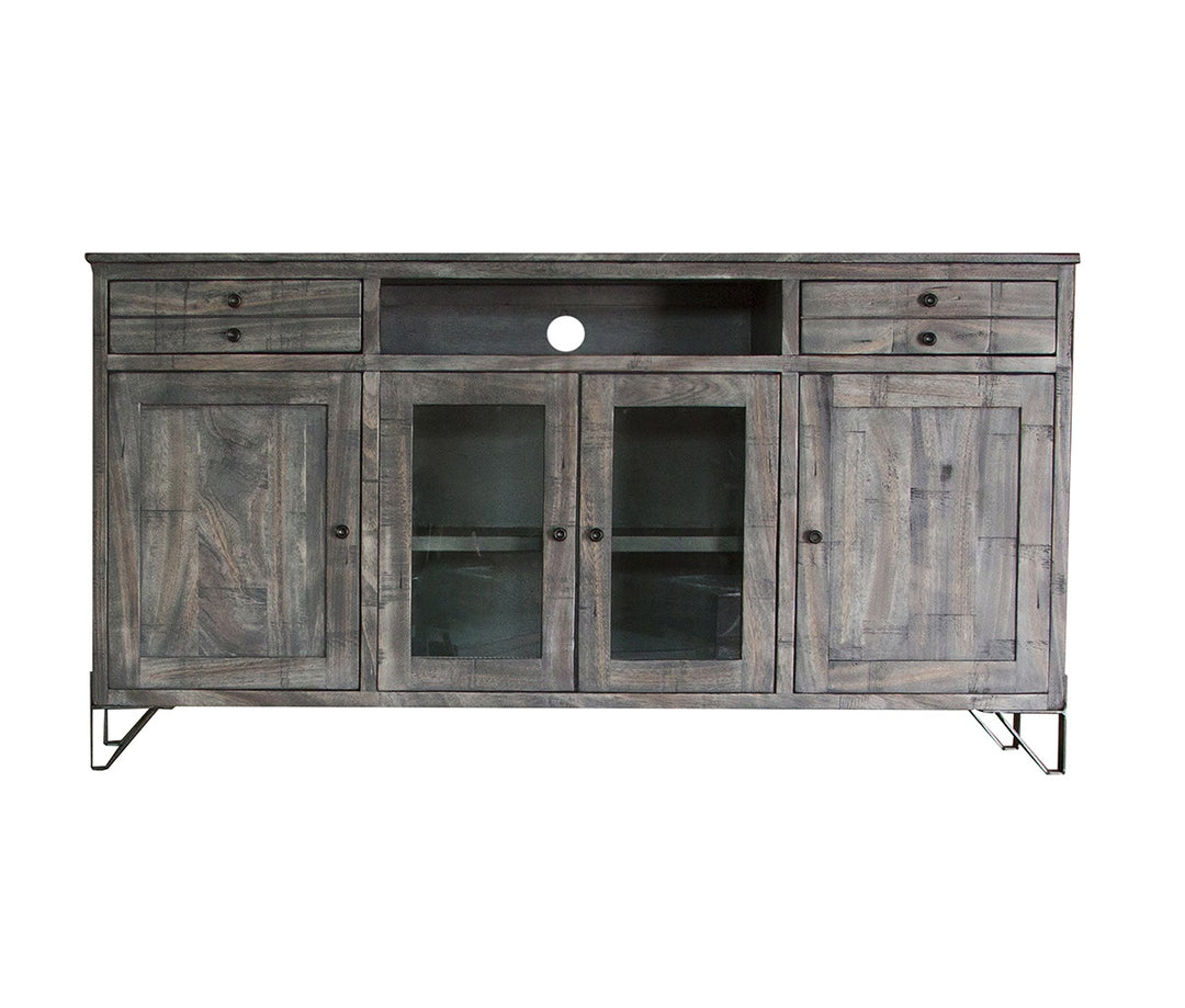 70" Gray Solid Wood Cabinet Enclosed Storage Distressed TV Stand