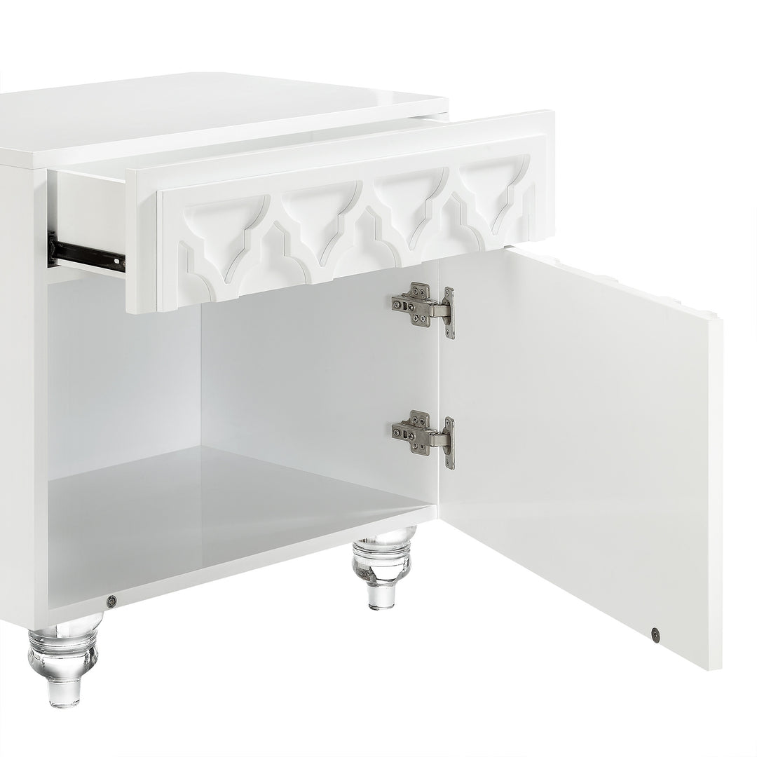 24" Clear and White End Table with Drawer and shelf