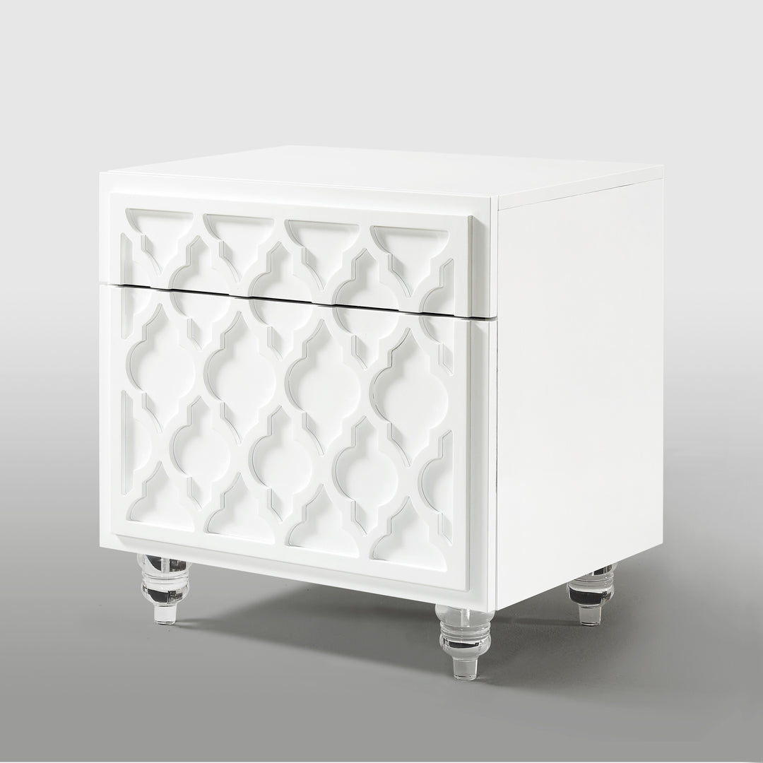 24" Clear and White End Table with Drawer and shelf