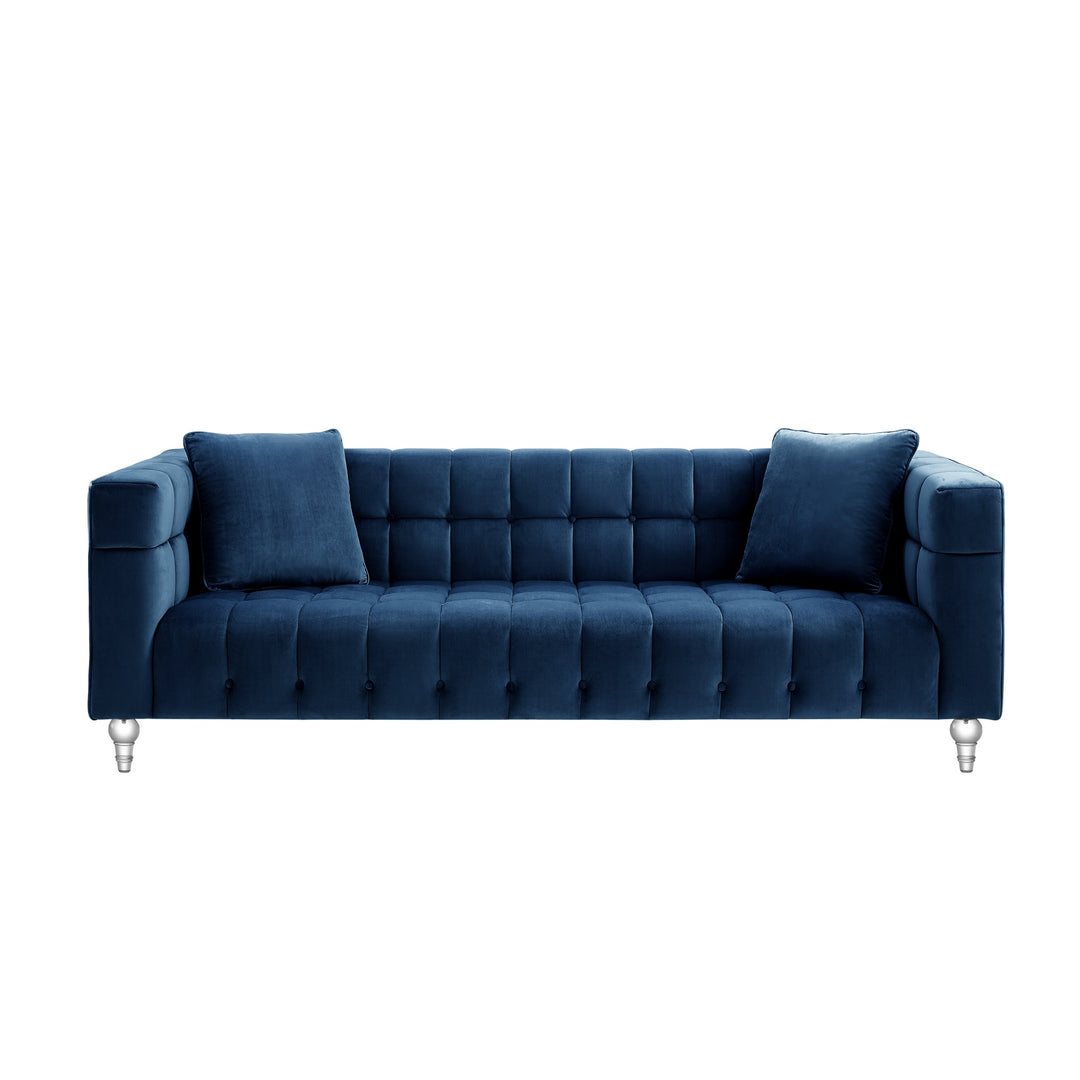 88" Navy Blue Velvet and Clear Sofa and Toss Pillows