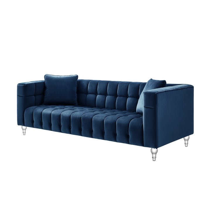 88" Navy Blue Velvet and Clear Sofa and Toss Pillows