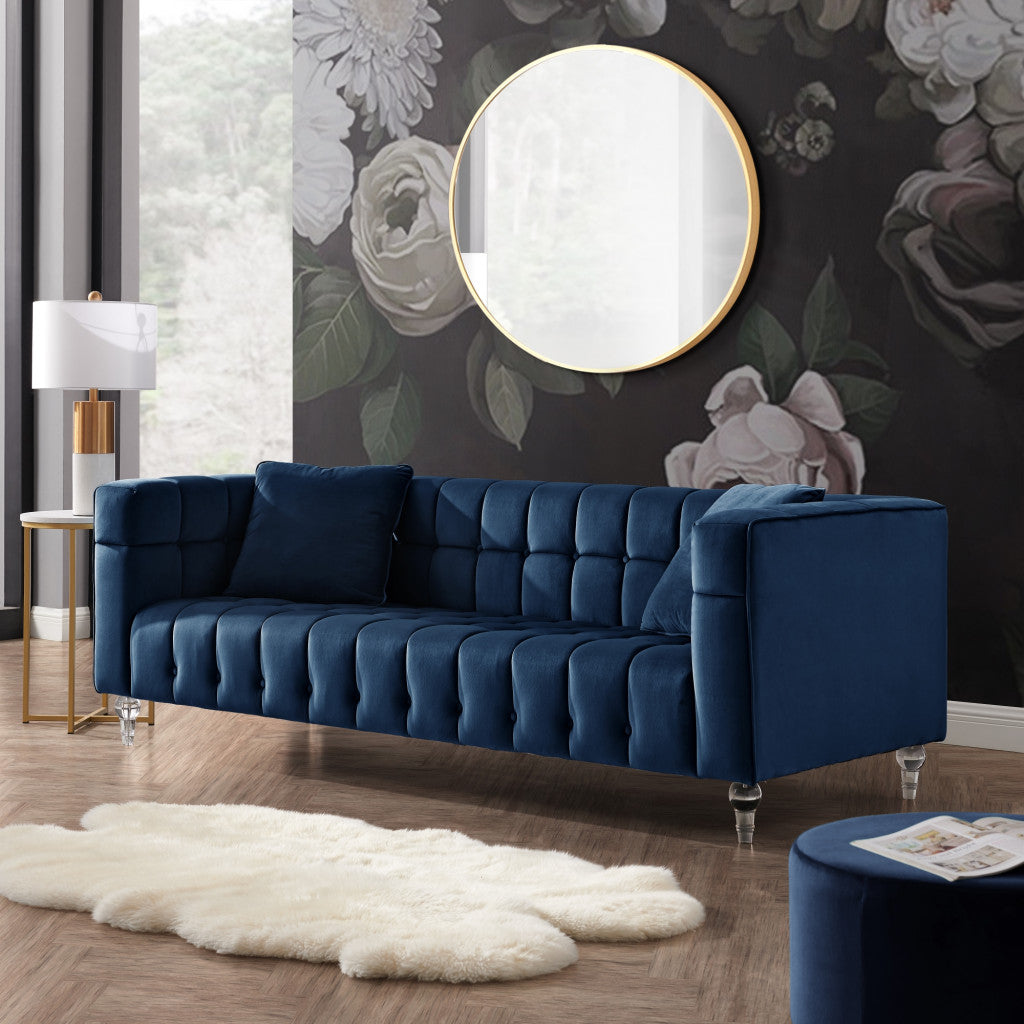 88" Navy Blue Velvet and Clear Sofa and Toss Pillows