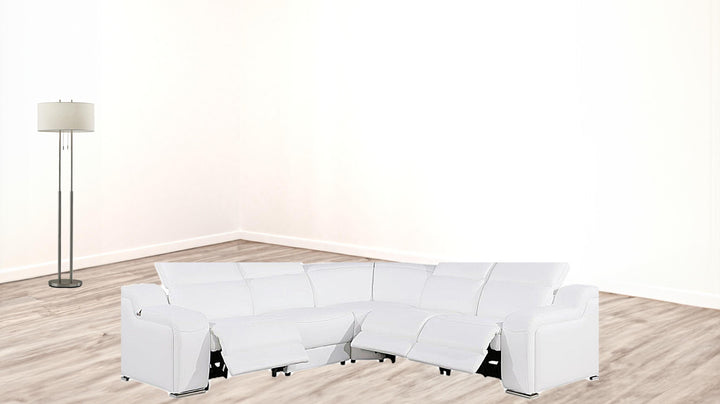 White Italian Leather Power Reclining Curved Five Piece Corner Sectional