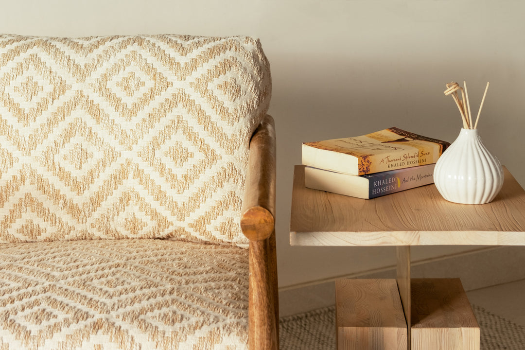 28" Beige and Natural Cotton Geometric Arm Chair