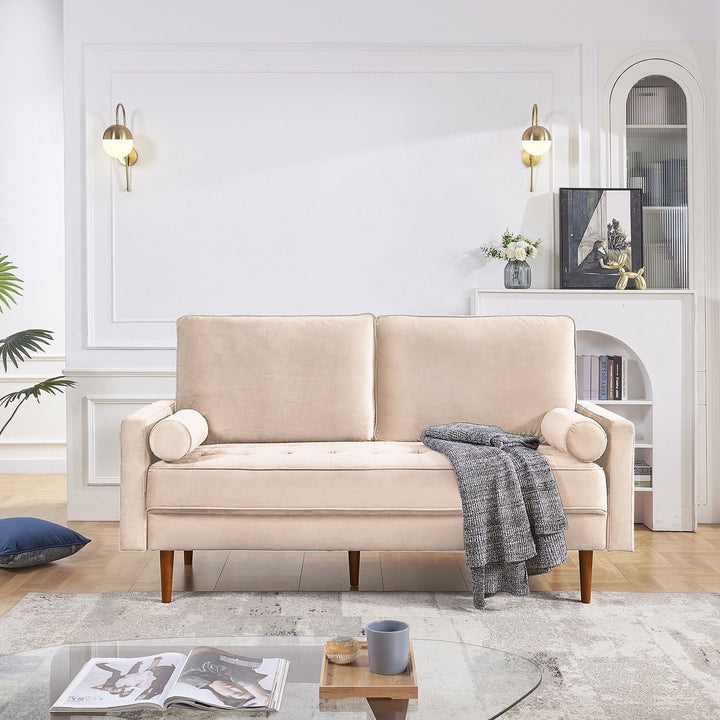 69" Beige Velvet and Dark Brown Sofa and Toss Pillows