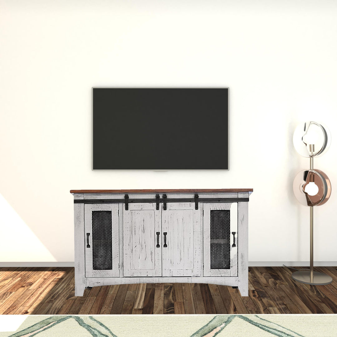 60" White Solid Wood Cabinet Enclosed Storage Distressed TV Stand