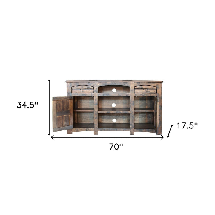 70" Brown Solid Wood Cabinet Enclosed Storage Distressed TV Stand