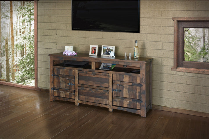 70" Brown Solid Wood Cabinet Enclosed Storage Distressed TV Stand