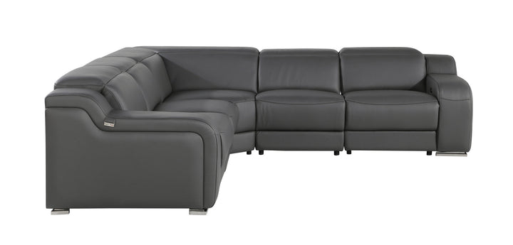 Gray Italian Leather Power Reclining Curved Five Piece Corner Sectional