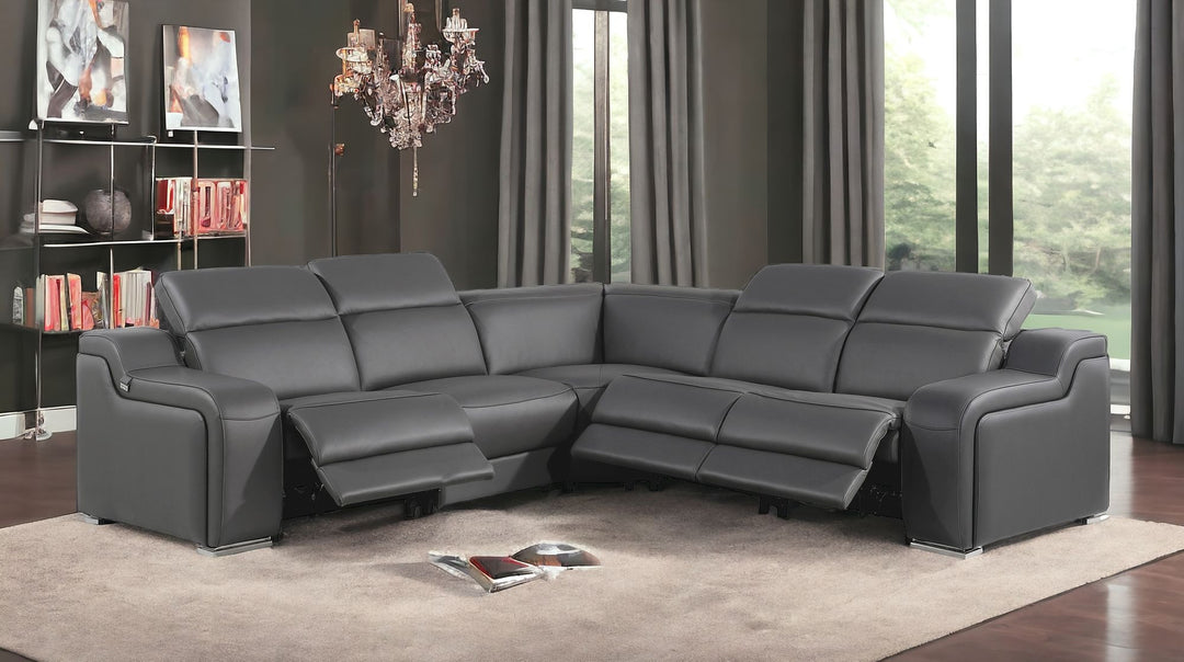 Gray Italian Leather Power Reclining Curved Five Piece Corner Sectional