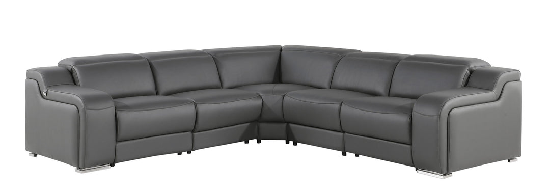 Gray Italian Leather Power Reclining Curved Five Piece Corner Sectional