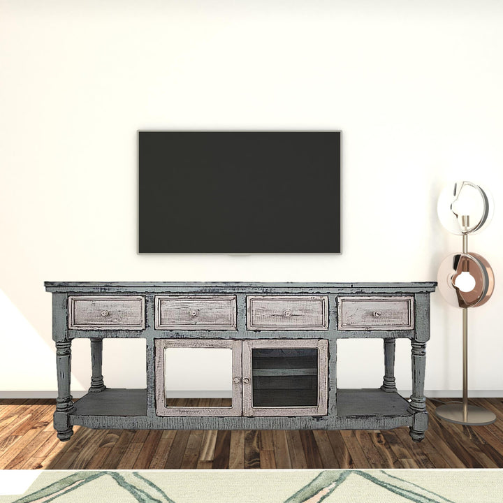 70" Blue and White Solid Wood Open shelving Distressed TV Stand