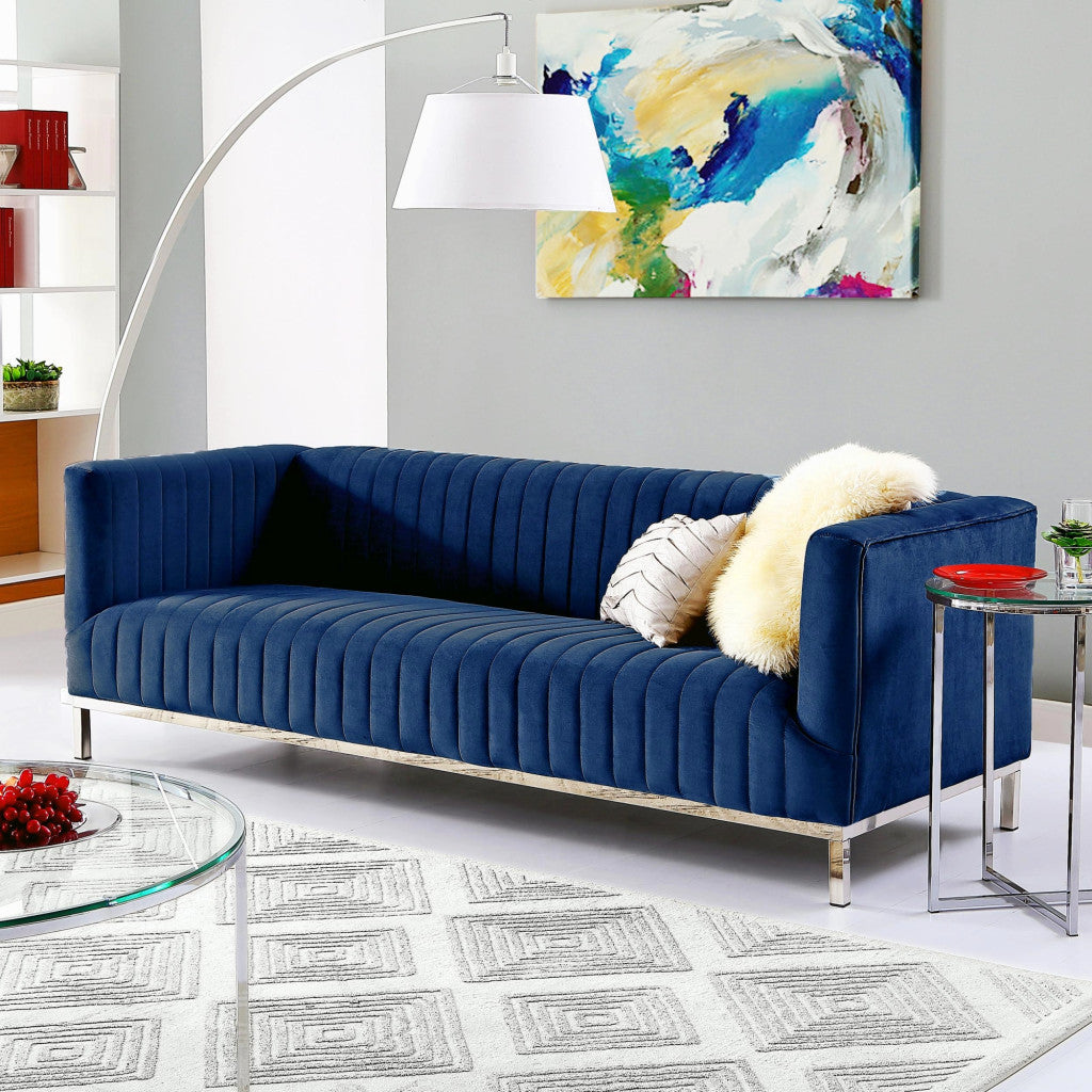 85" Navy Blue Velvet and Silver Sofa