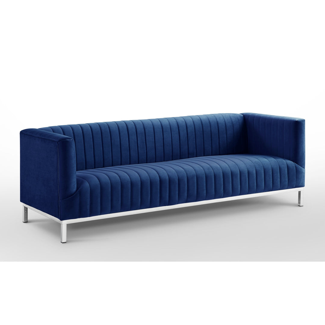 85" Navy Blue Velvet and Silver Sofa