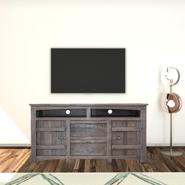 70" Gray Solid Wood Cabinet Enclosed Storage Distressed TV Stand