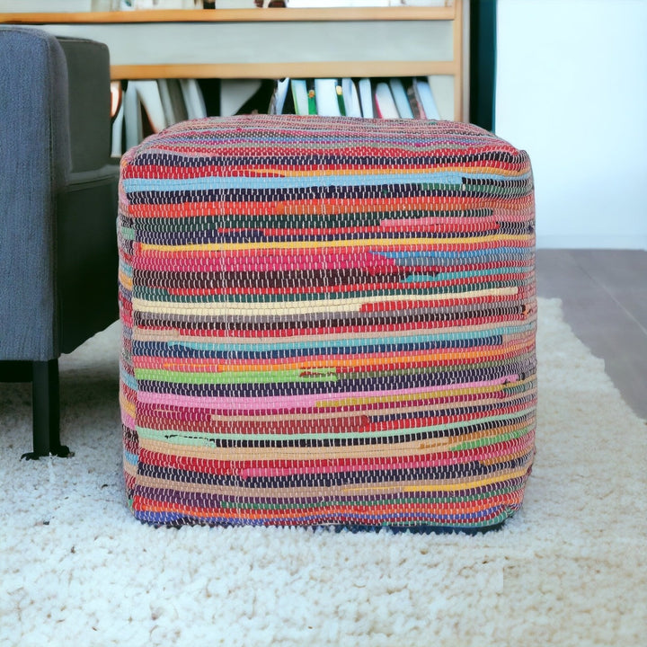 18" Red Cotton Cube Striped Pouf Ottoman