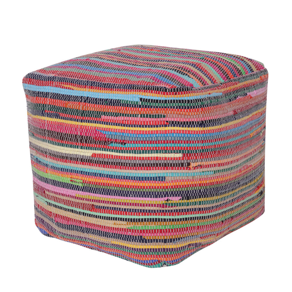 18" Red Cotton Cube Striped Pouf Ottoman