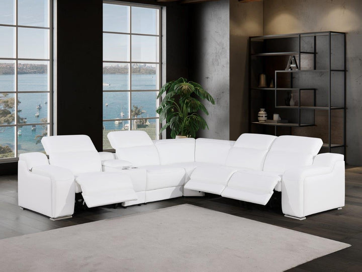 White Italian Leather Power Reclining Curved Six Piece Corner Sectional With Console