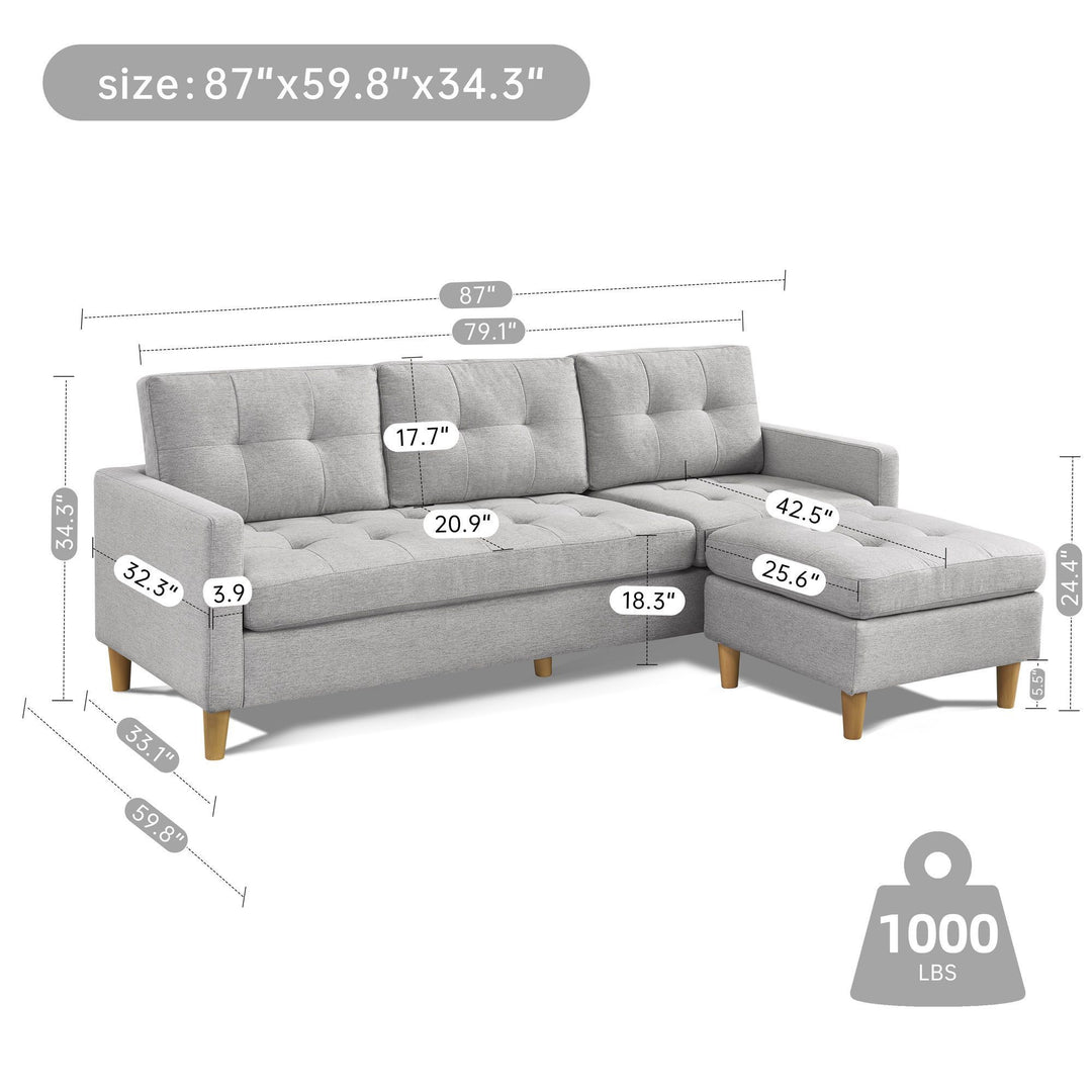 87" Light Gray Polyester Blend and Natural Sofa with Ottoman