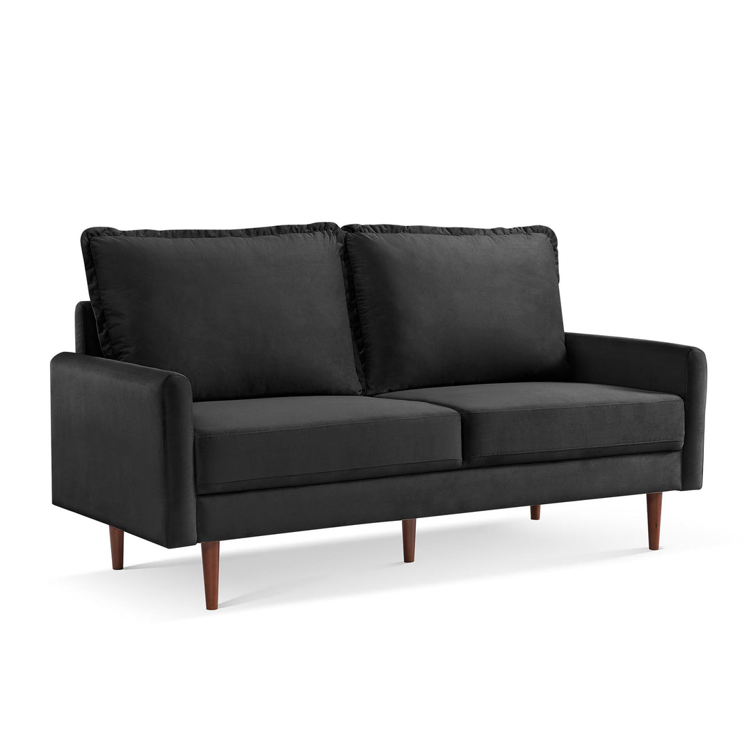 69" Black Velvet and Dark Brown Sofa