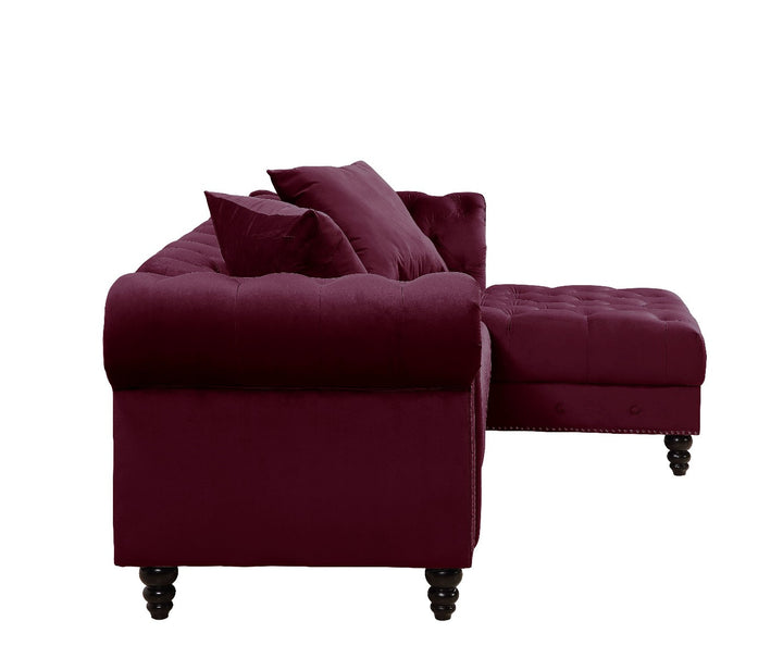 Red Velvet L Shaped Sofa and Chaise Sectional And Toss Pillows