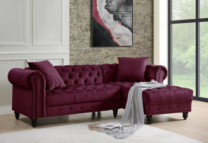 Red Velvet L Shaped Sofa and Chaise Sectional And Toss Pillows