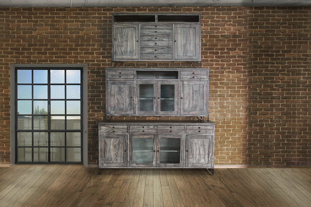 80" Gray Solid Wood Cabinet Enclosed Storage Distressed TV Stand