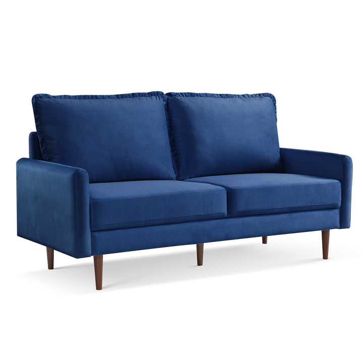 69" Blue Velvet and Dark Brown Sofa