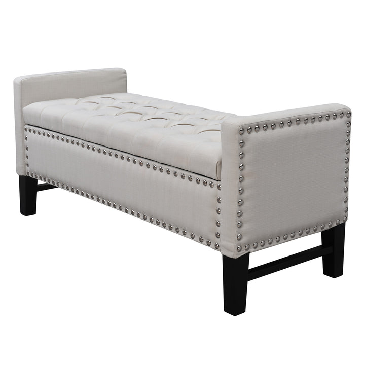 20" Cream Upholstered Linen Bench with Shoe Storage