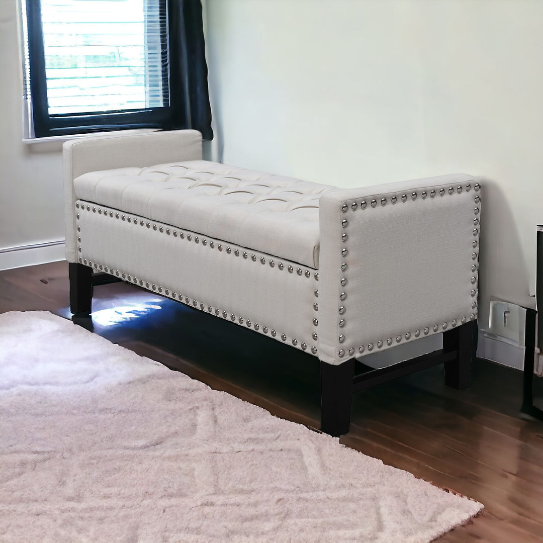 20" Cream Upholstered Linen Bench with Shoe Storage