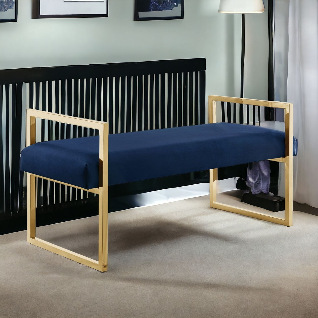 48" Navy Blue and Gold Upholstered Velvet Bench