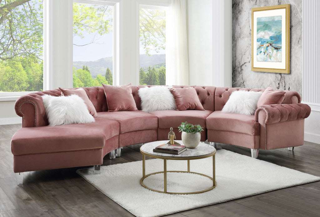 Pink Velvet Curved Four Piece Corner Sectional