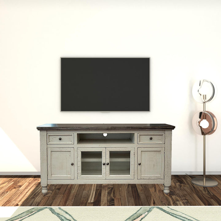 70" Ivory Solid Wood Open shelving Distressed TV Stand