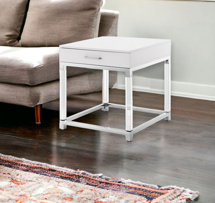 24" Silver Metallic and White End Table with Drawer