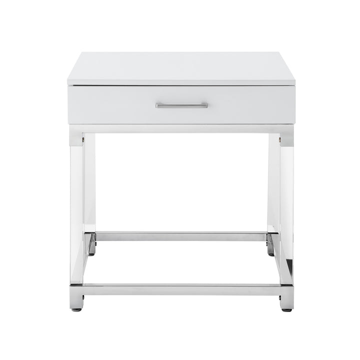 24" Silver Metallic and White End Table with Drawer