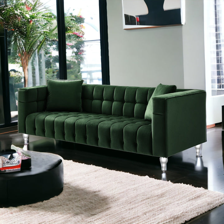 88" Hunter Green Velvet and Clear Sofa and Toss Pillows