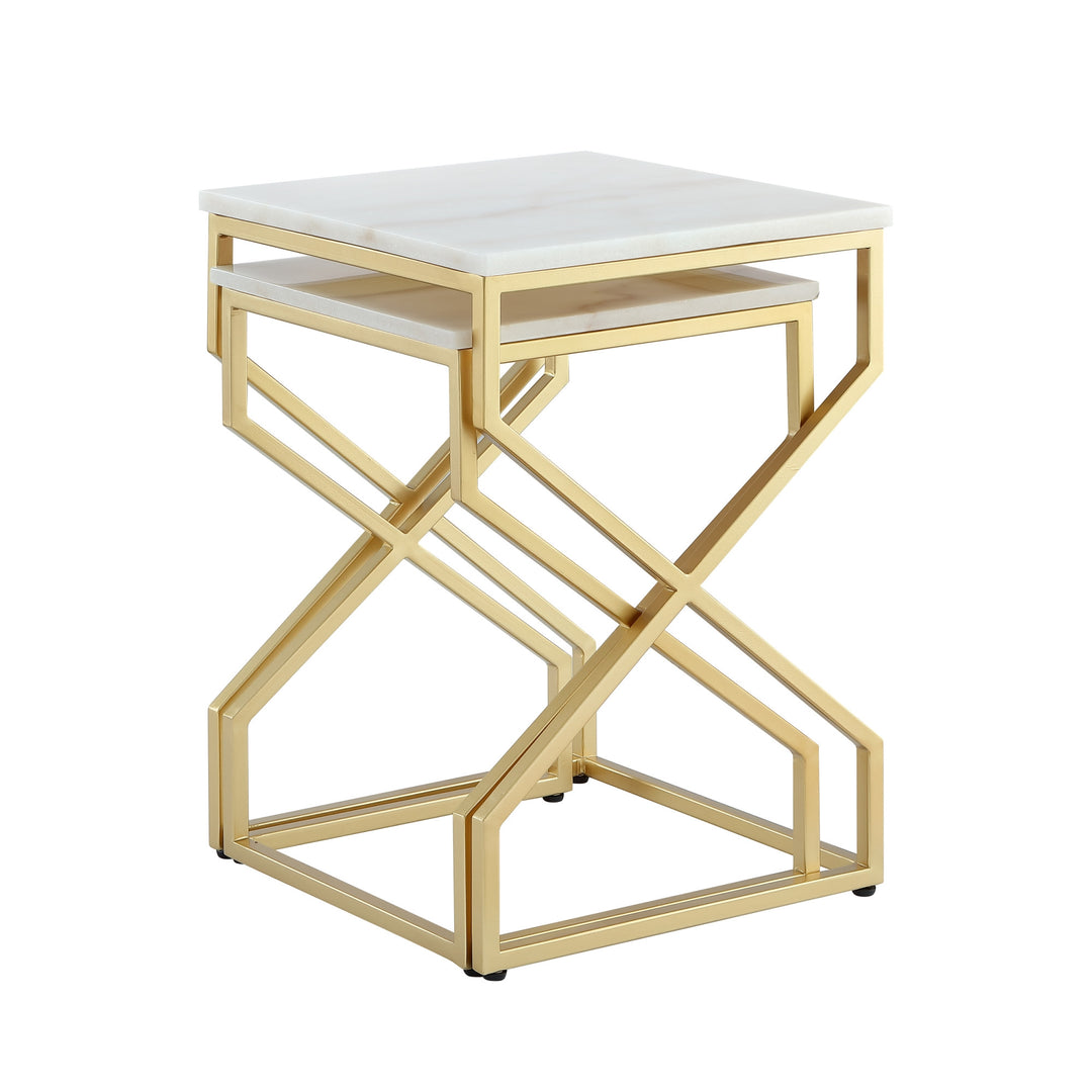 Set of Two 22" Gold and White Marble Nested Tables