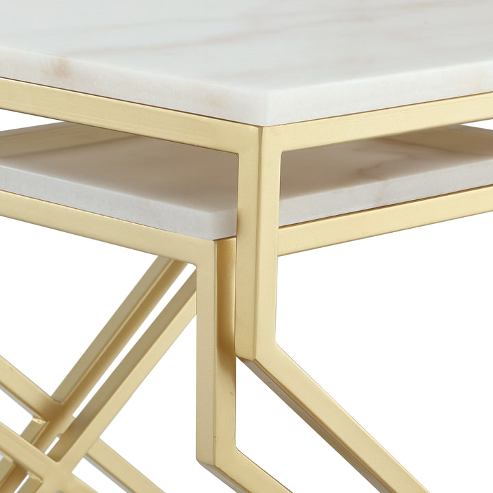 Set of Two 22" Gold and White Marble Nested Tables