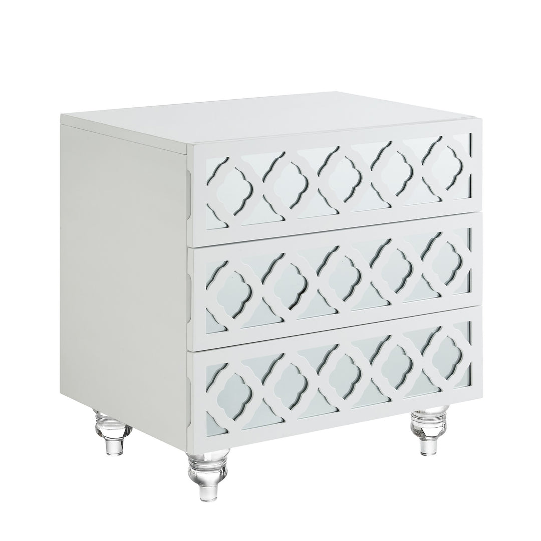 24" Clear and White Mirrored End Table with Three Drawers